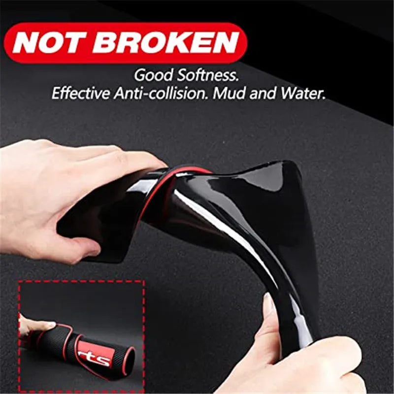 A hand holds a black rubber mud flap with a red accent, demonstrating its softness and anti-collision features.