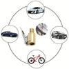 Diagramm mit verschiedenen Werkzeugen und einem Fahrrad, zentriert um einen Messadapter für den Reifen.