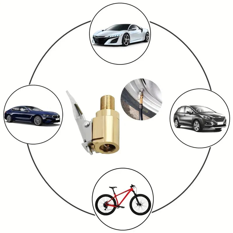 Diagramm mit verschiedenen Werkzeugen und einem Fahrrad, zentriert um einen Messadapter für den Reifen.