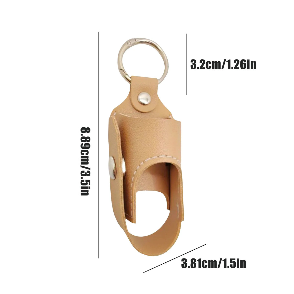 A tan leather portable inhaler storage case with a keyring and keychain.