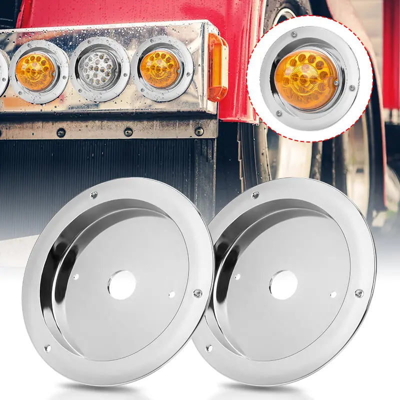 Two round chrome LED marker strobe lights are shown next to a vehicle's bumper.