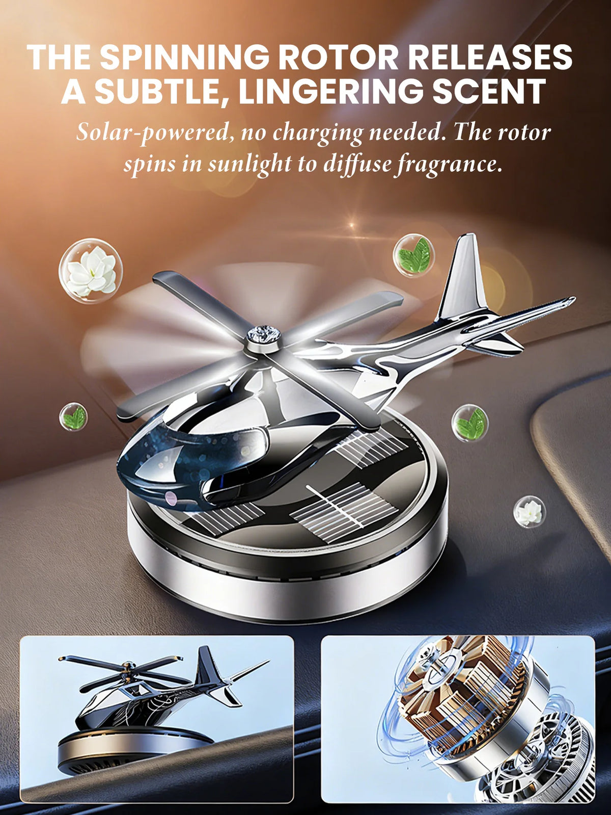 Parfum de voiture à rotor solaire argenté, avec gros plans du moteur et de l'appareil en action.
