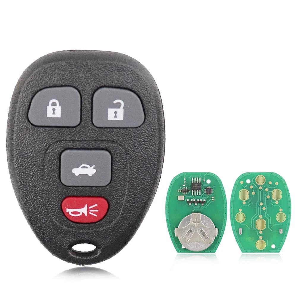 A black universal remote car key featuring two lock buttons and a red start button, with circuit boards displayed separately.