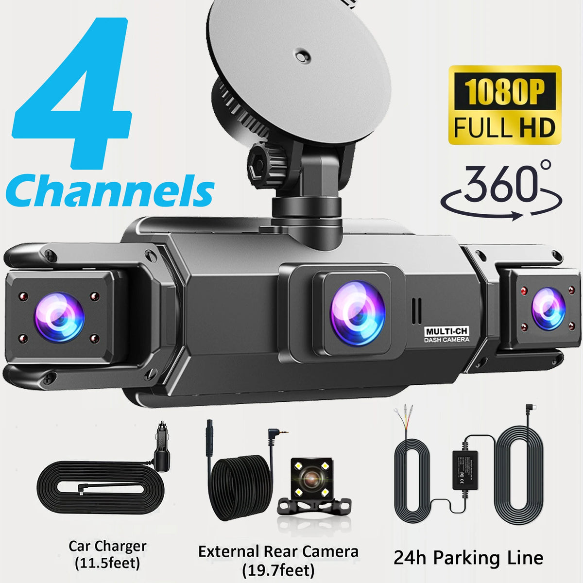 A multi-channel 360 degree dash camera system with four cameras and accessories for vehicle parking surveillance.
