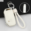 A clear TPU car key fob cover protector attached to a leather cord and keyring.