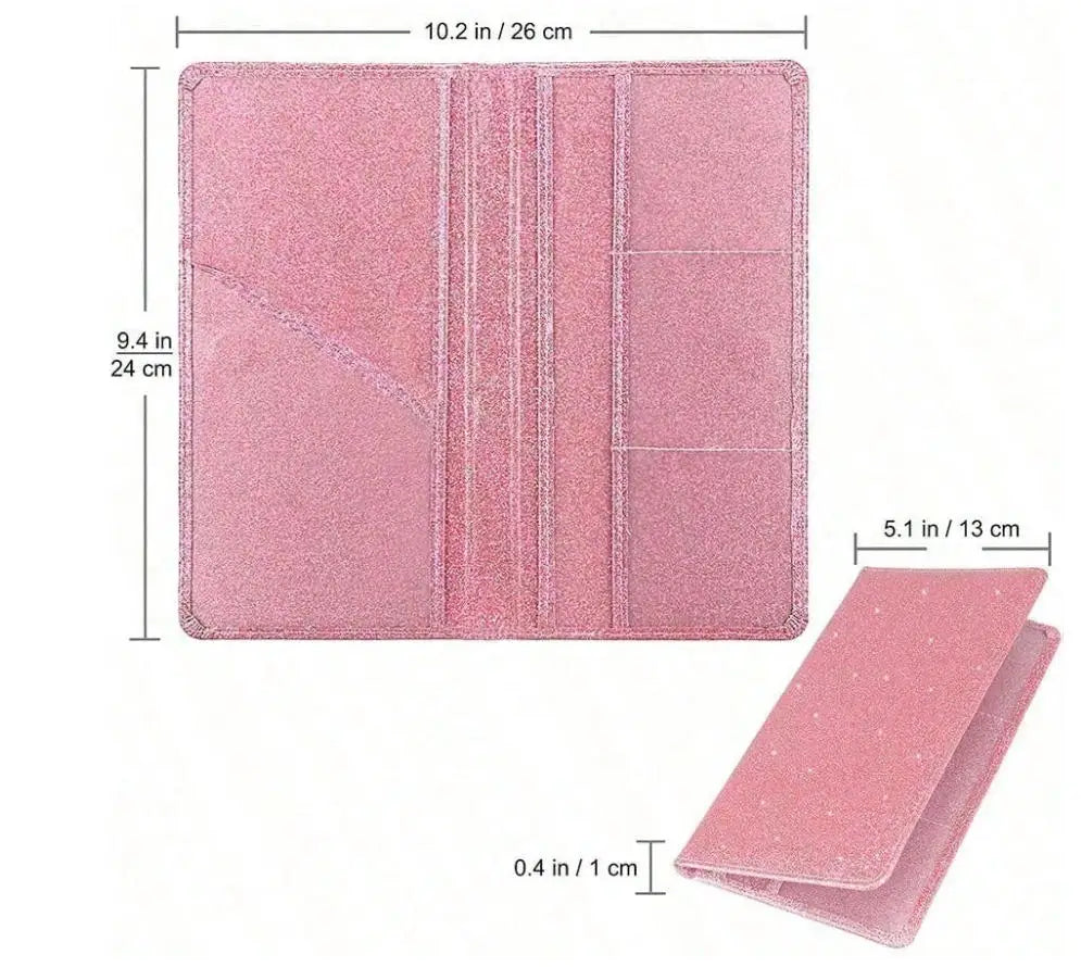 A pink leather document holder with a clear plastic sleeve and a fold-over design.