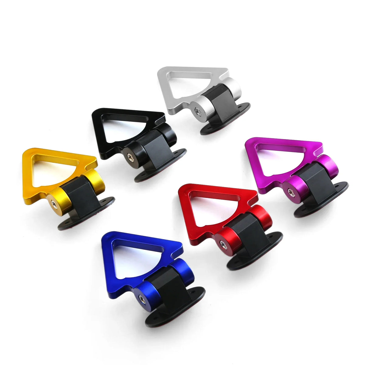 A set of colorful car trailer hook decals in various colors including silver, black, yellow, purple, and red.