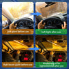 Diagram showing the effect of a polarized car sun visor on glare before and after use.