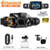 Schwarze 4-Kanal-FHD-Dashcam mit Nachtsicht und G-Sensor, die verschiedene Komponenten wie Kamera und Ladegerät zeigt.