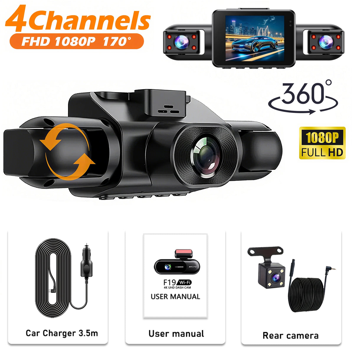 Schwarze 4-Kanal-FHD-Dashcam mit Nachtsicht und G-Sensor, die verschiedene Komponenten wie Kamera und Ladegerät zeigt.