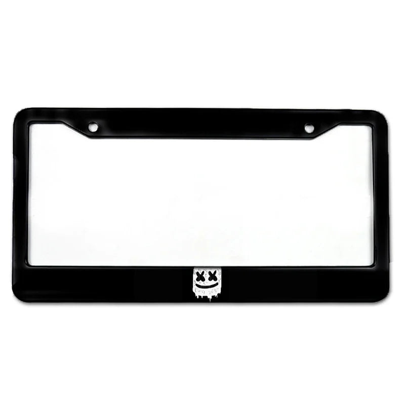 Black aluminum license plate frame with a clear rectangular opening and an 'XX' emblem.