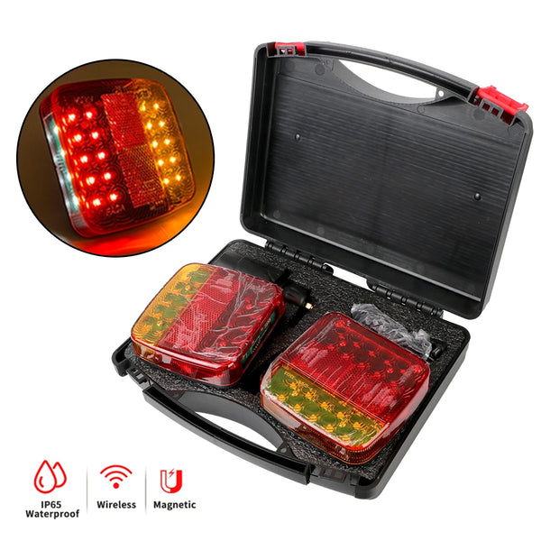 A magnetic wireless LED tail light assembly shown in an open case with a close-up of the illuminated light.