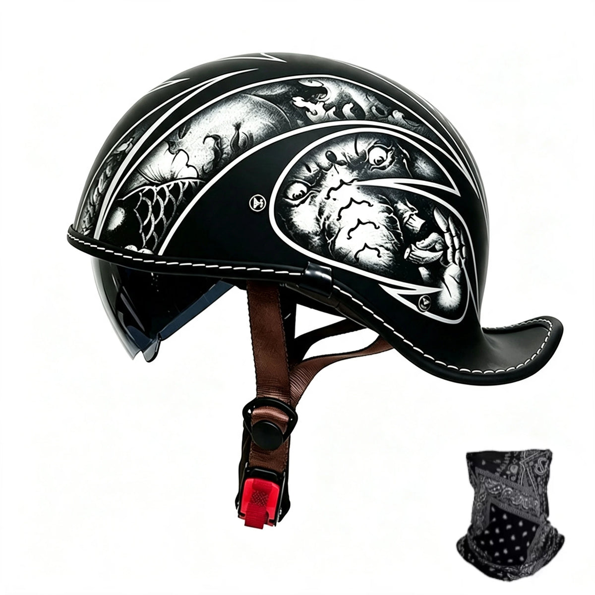 Schwarzer Vintage-Motorradhelm mit Grafik eines Schädels und Knochens.