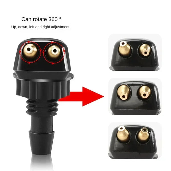 A black universal car windshield washer nozzle with a rotating feature shown in multiple views.