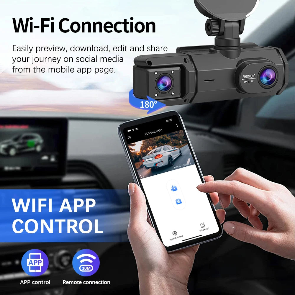 A hand holds a smartphone displaying a Wi-Fi app control interface for a dash cam, with the camera visible in the background.