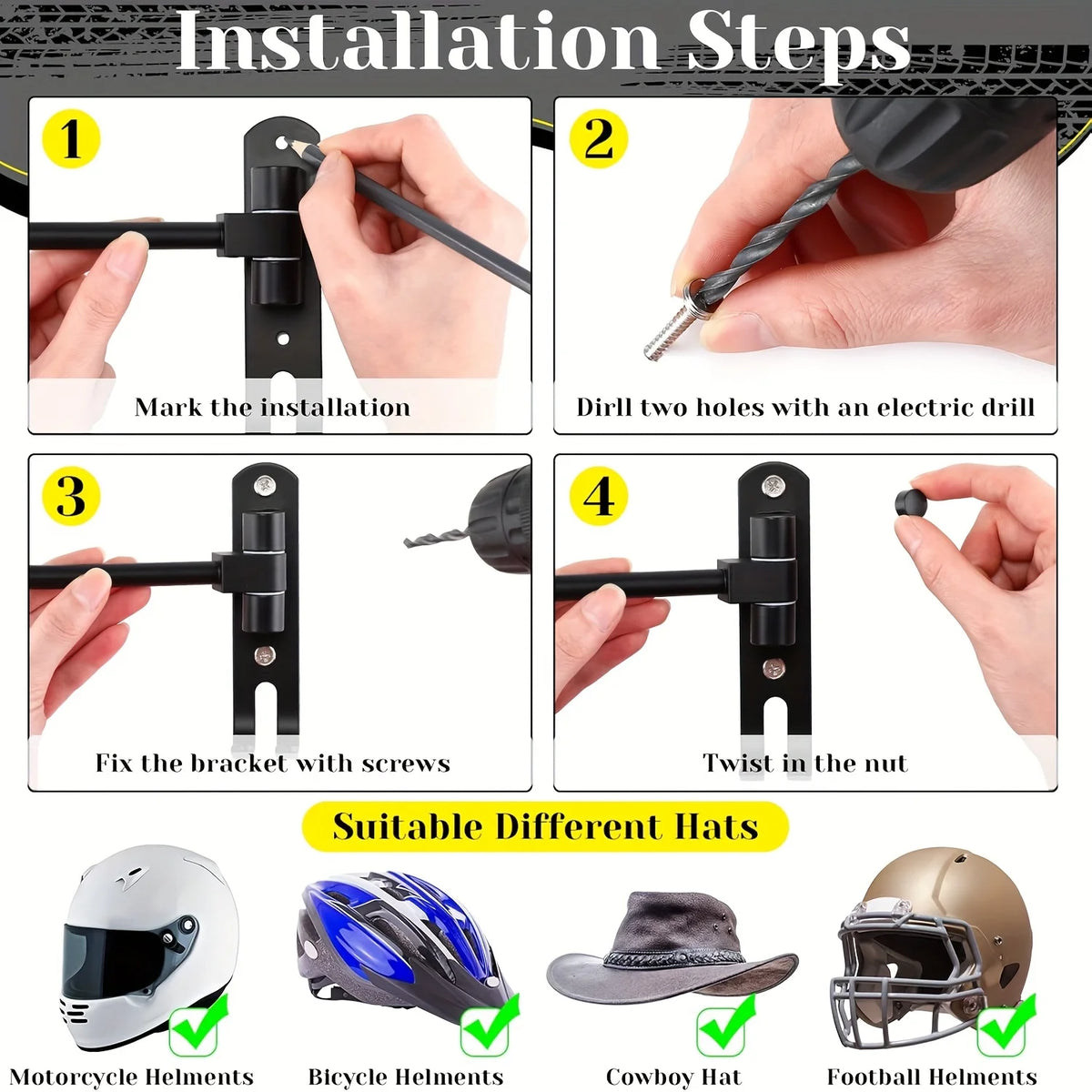Étapes d'installation du support de casque moto à rotation de 180 degrés, montrant le perçage et le vissage