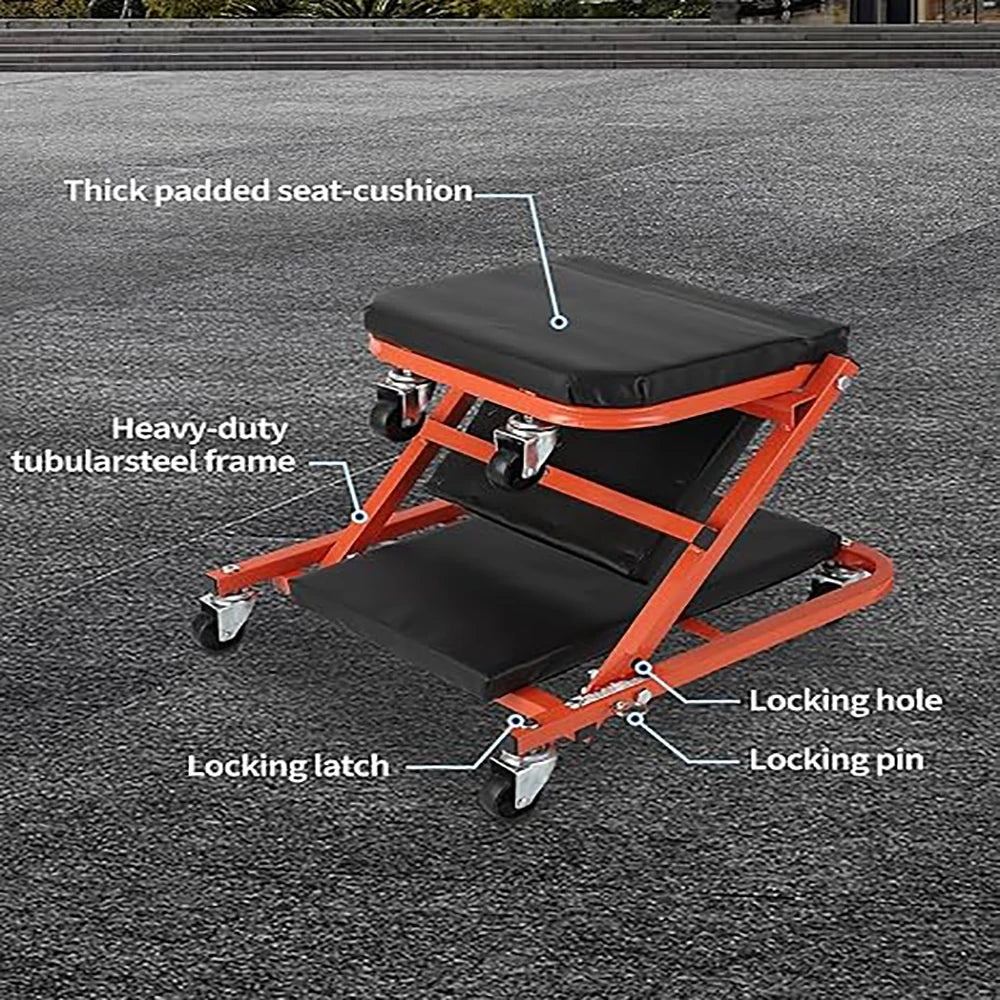 Orange and black foldable garage creeper seat with a thick padded cushion and tubular steel frame.