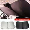 Foldable car windshield sunshade shown in various forms including a large shade and smaller, flexible versions.
