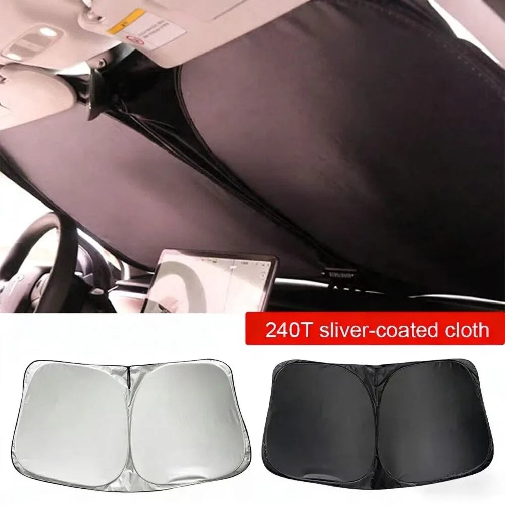 Foldable car windshield sunshade shown in various forms including a large shade and smaller, flexible versions.
