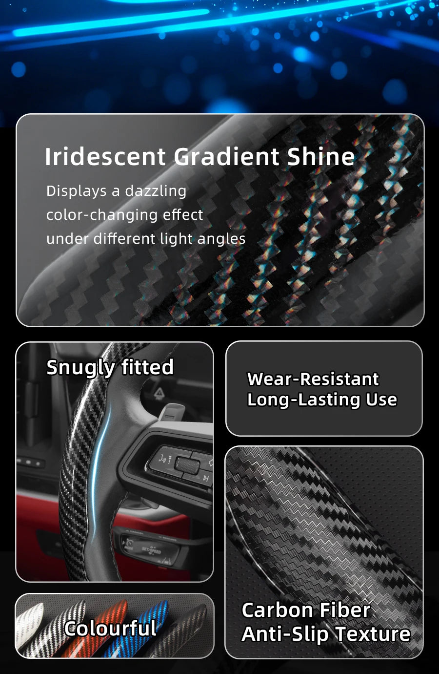 Close-up of carbon fiber steering wheel covers showing iridescent gradient shine and anti-slip texture.
