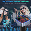 A woman is using a Bluetooth car audio transmitter with a booming bass sound effect in a car interior.