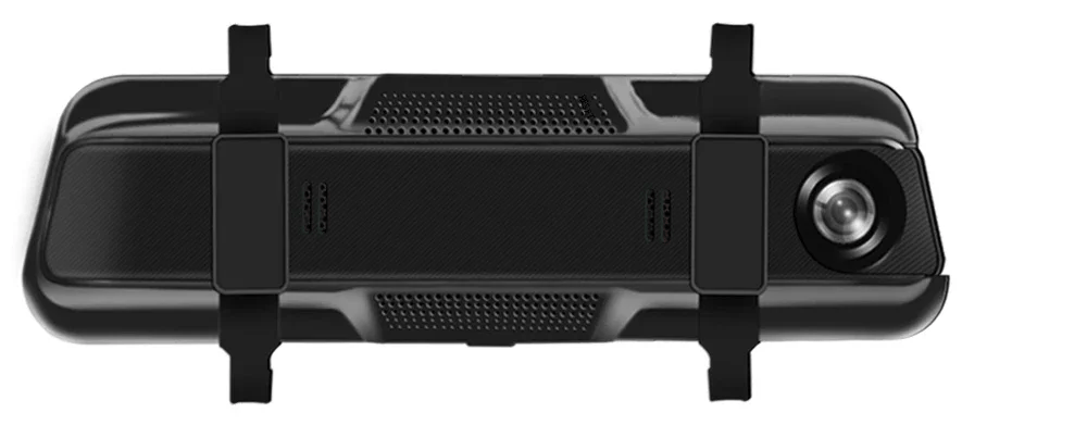 A black 10-inch dash cam with dual cameras mounted on a vehicle interior panel.