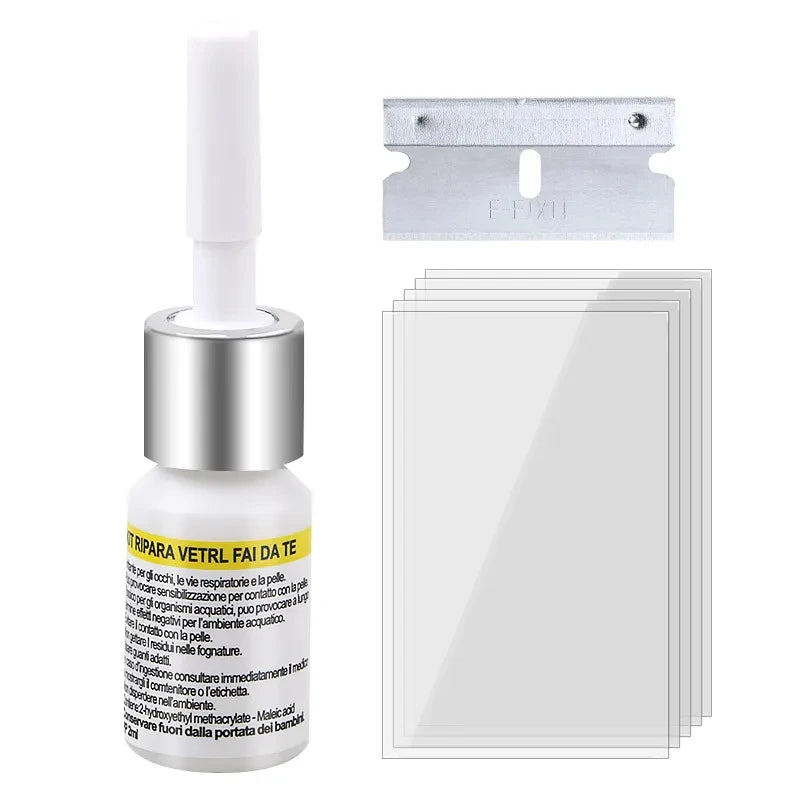 A silver bottle containing an automotive windshield crack repair kit with a metal insert and clear plastic sheets.