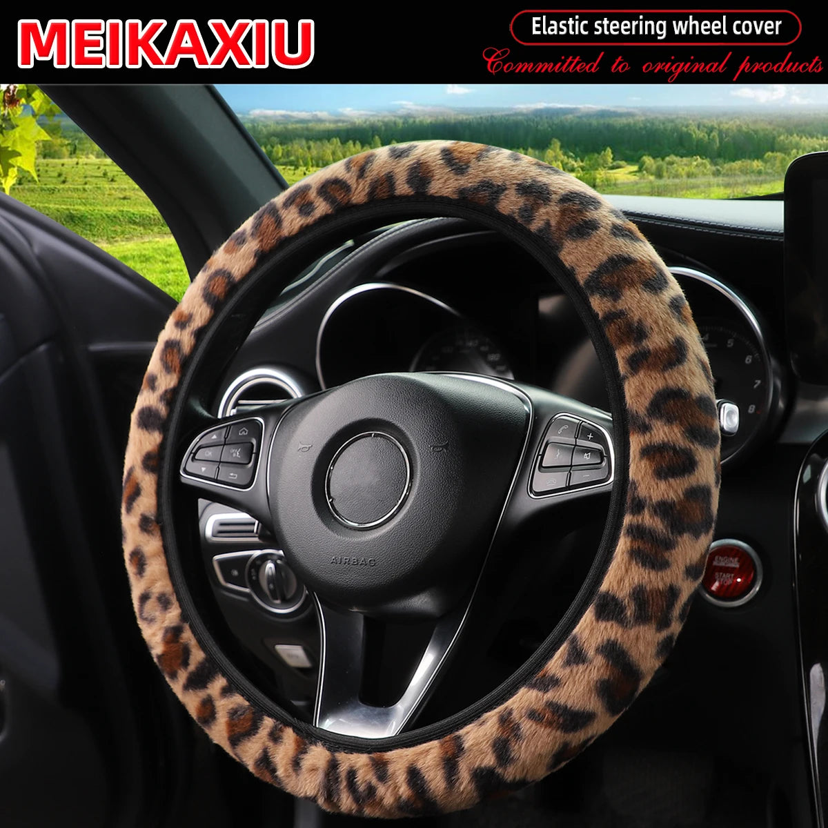 Leopard print plush steering wheel cover installed in a car interior.