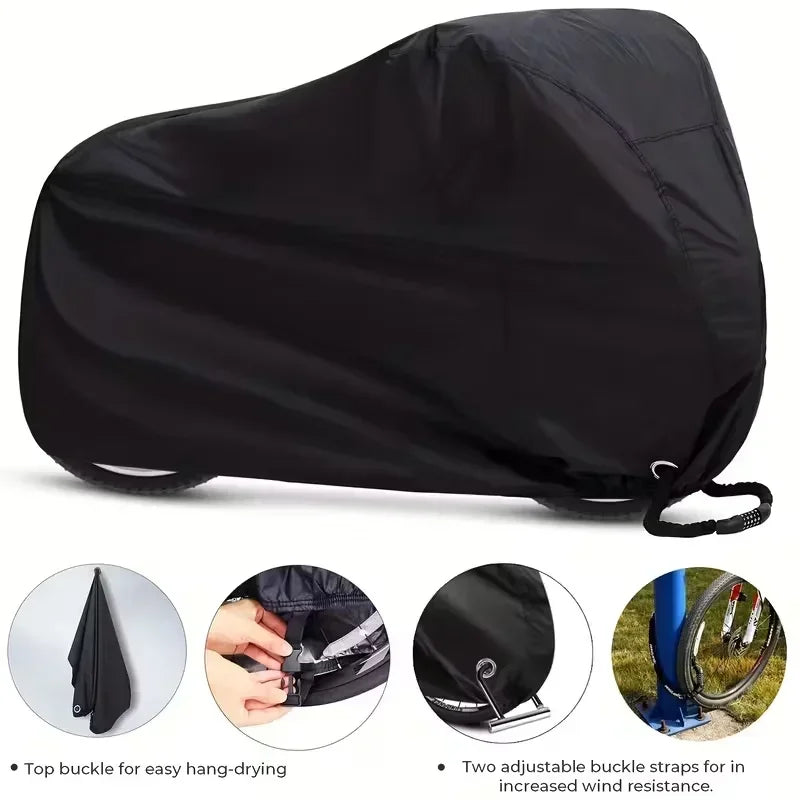 Black heavy-duty universal motorcycle cover shown with details of the top buckle and adjustable straps