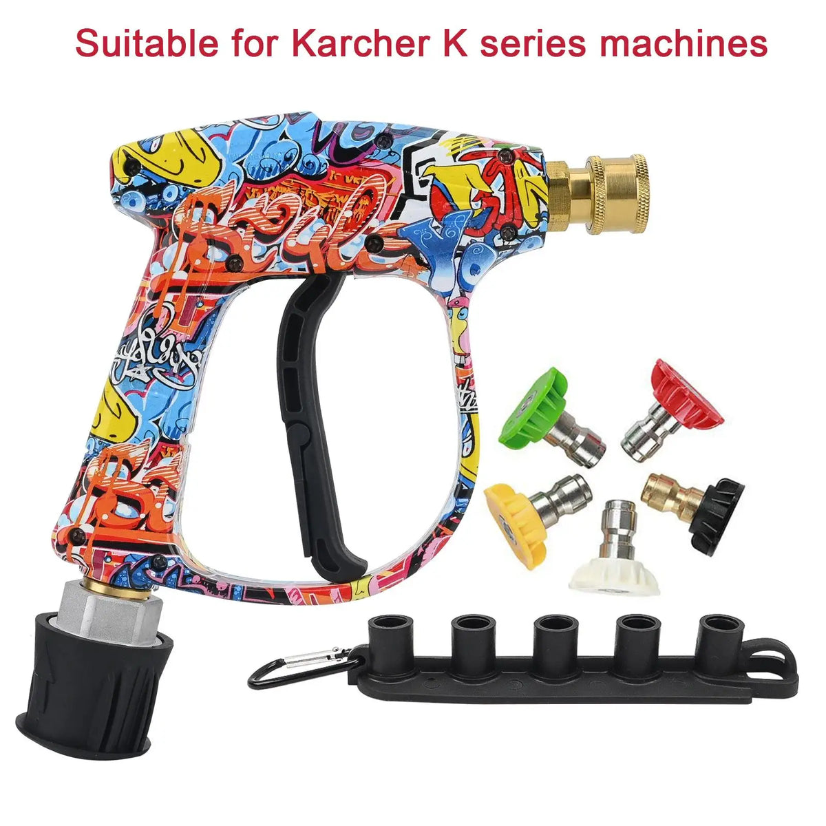 A high-pressure water gun with a colorful handle and nozzle, shown next to various cleaning attachments.