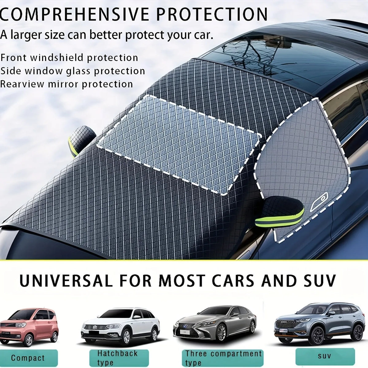 A black magnetic anti-frost windshield sunshade covering a car's front glass.