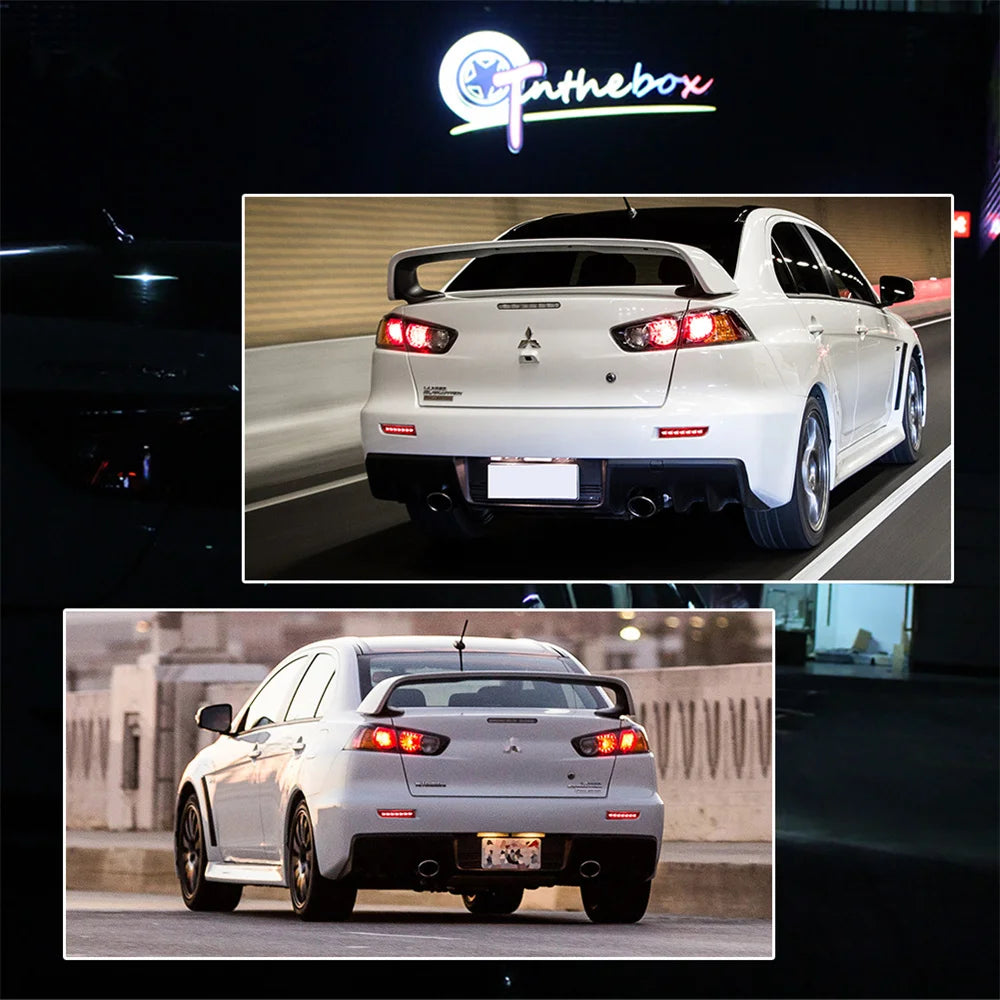 A white Mitsubishi Lancer Evolution X with LED rear bumper reflector lights and sequential turn signals.