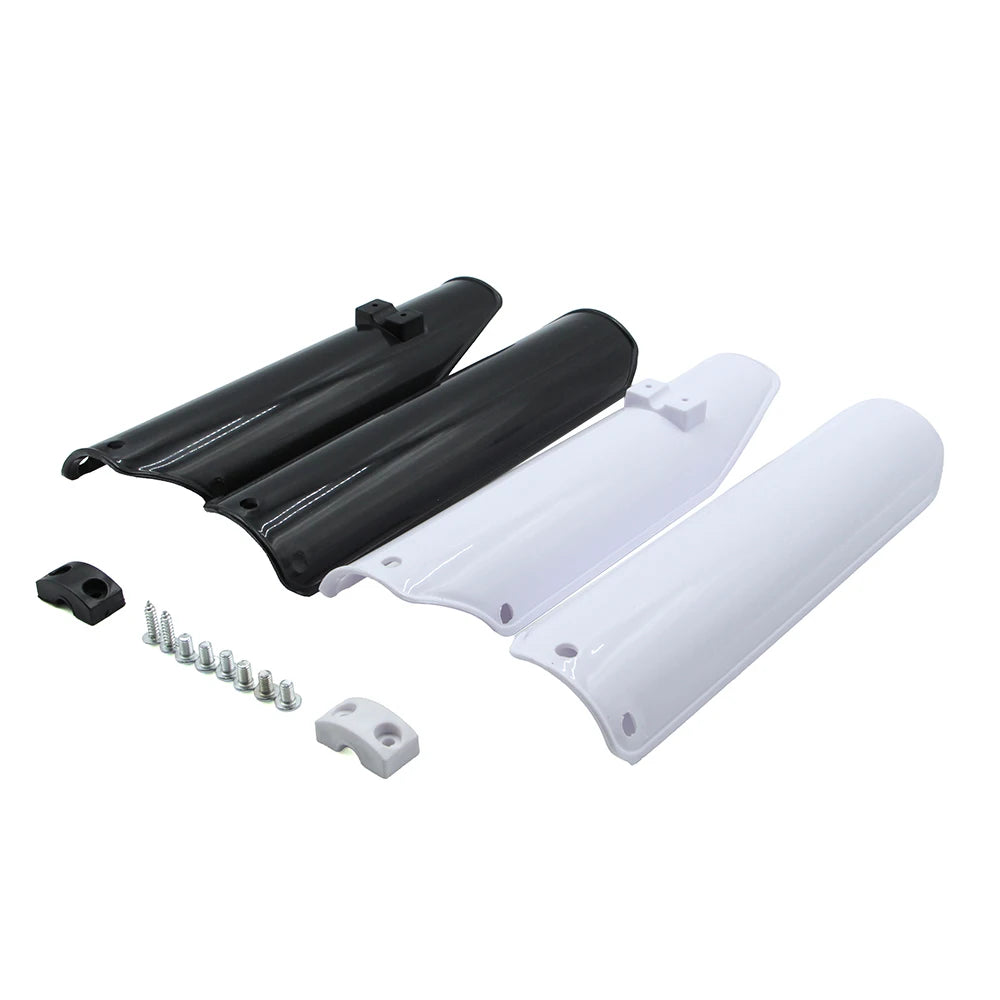 Motorcycle front fork guard kit including black and white guards and mounting hardware