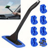 A black car windshield cleaning tool with a blue sponge head and multiple reusable cleaning pads.