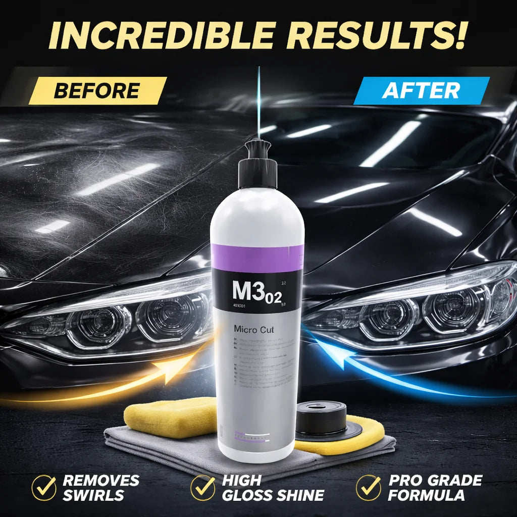Before and after comparison showing a car's headlight restoration using an M3O2 Micro Cut compound.