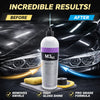 Before and after comparison showing a car's headlight restoration using an M3O2 Micro Cut compound.