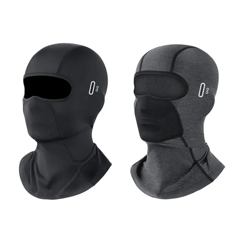 Black multi-functional balaclava for UV protection shown from the front and side.