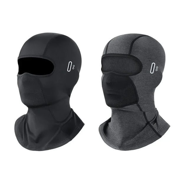 Black multi-functional balaclava for UV protection shown from the front and side.