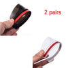 Two pairs of black and red carbon fiber car rain visors shown being held by a hand.