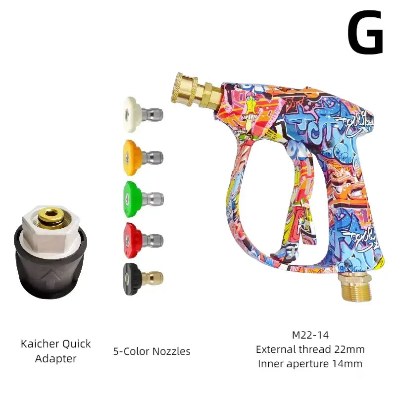 High-pressure foam water gun kit with a blue and yellow body, multiple nozzles, and an adapter.
