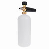 A clear bottle of high-pressure car cleaning foam with a black and brass spray gun attachment.