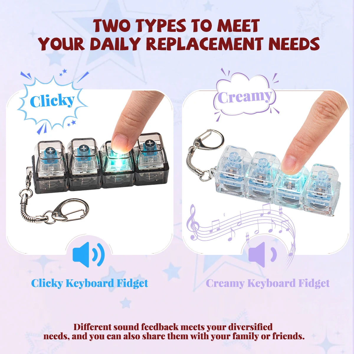 Two types of keyboard fidgets are shown: a Clicky Keyboard Fidget and a Creamy Keyboard Fidget.