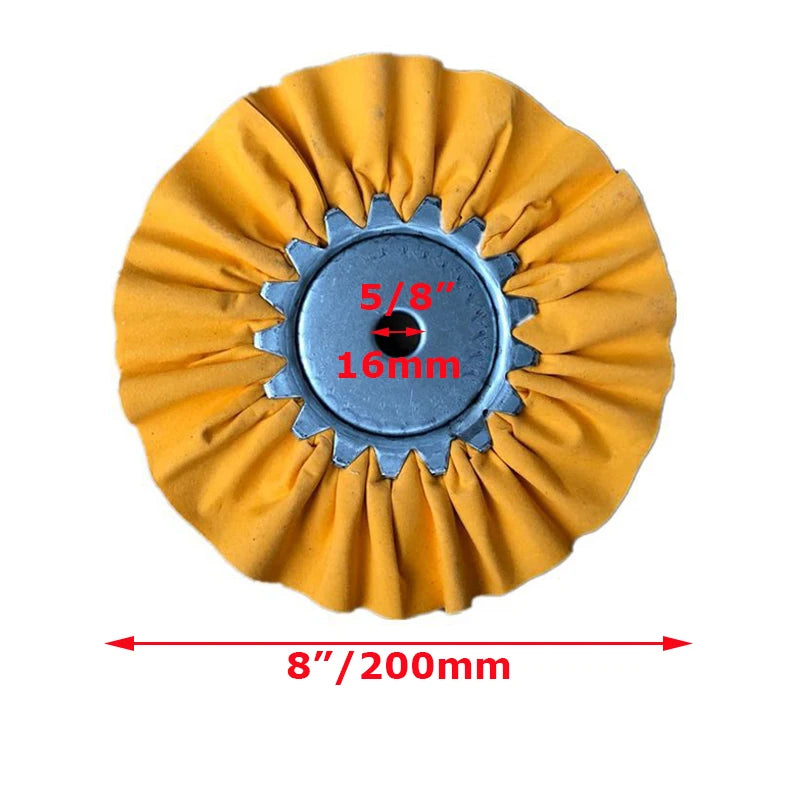 Yellow mill treated airway buffing wheel with a 5/8 inch diameter and 16mm thickness.