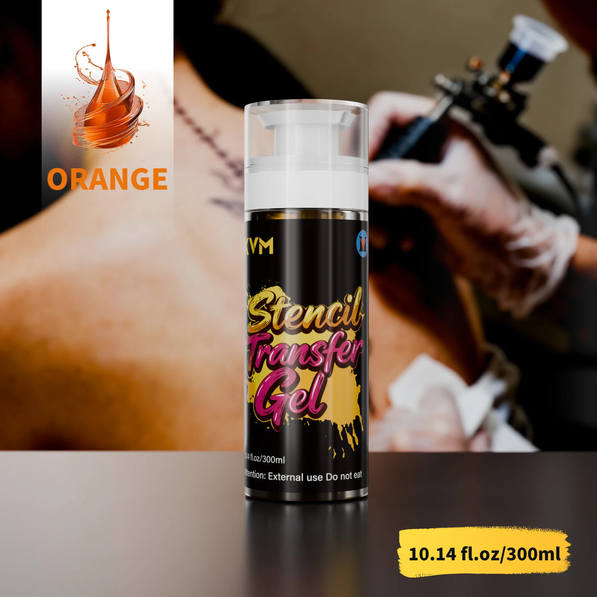 A bottle of Stencil Transfer Gel Gel in a clear container is shown next to a person's tattooed arm.
