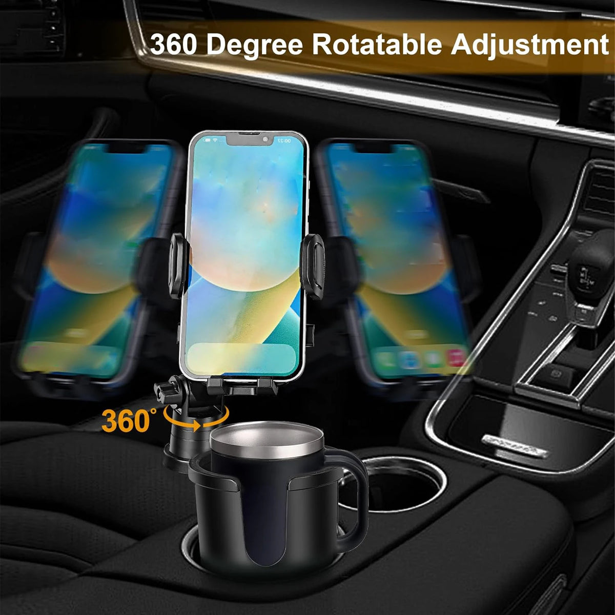 A phone mount in a car interior holds a smartphone and a coffee mug with 360 degree rotatable adjustment.