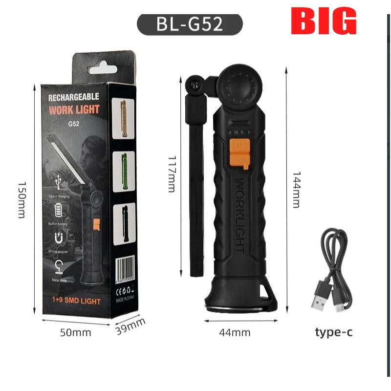 Black rechargeable work light flashlight with a magnetic head and USB-C cable.