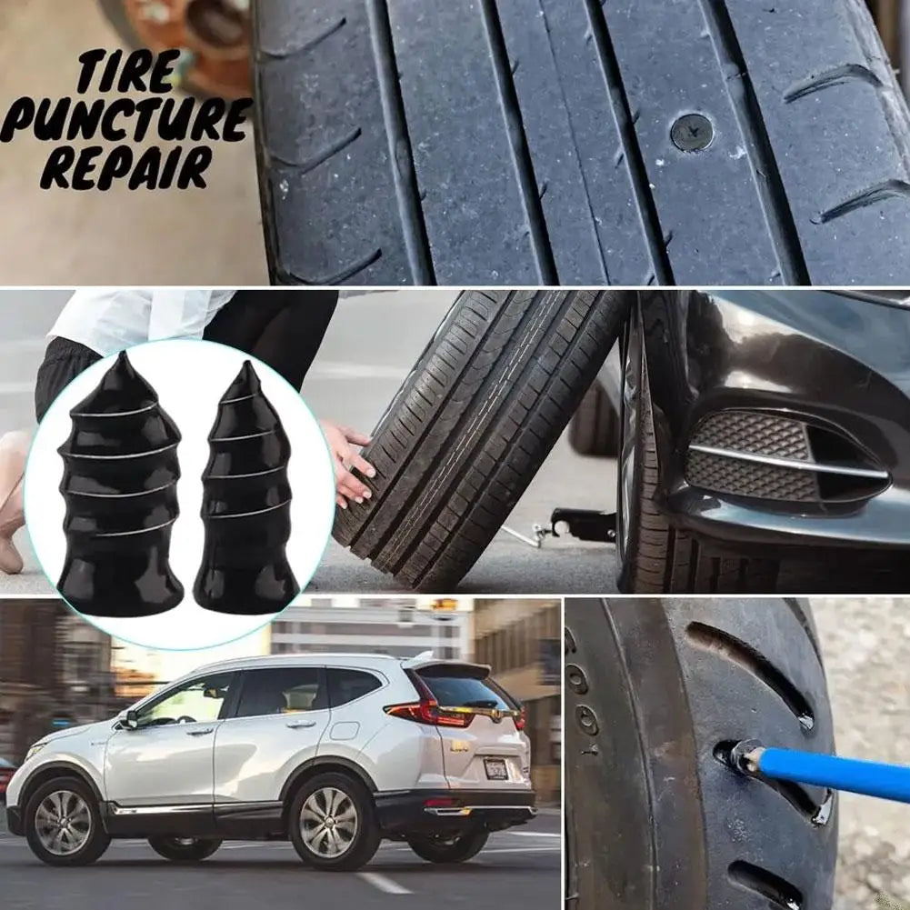 A set of tire puncture repair kits and a close-up of a car tire being repaired.