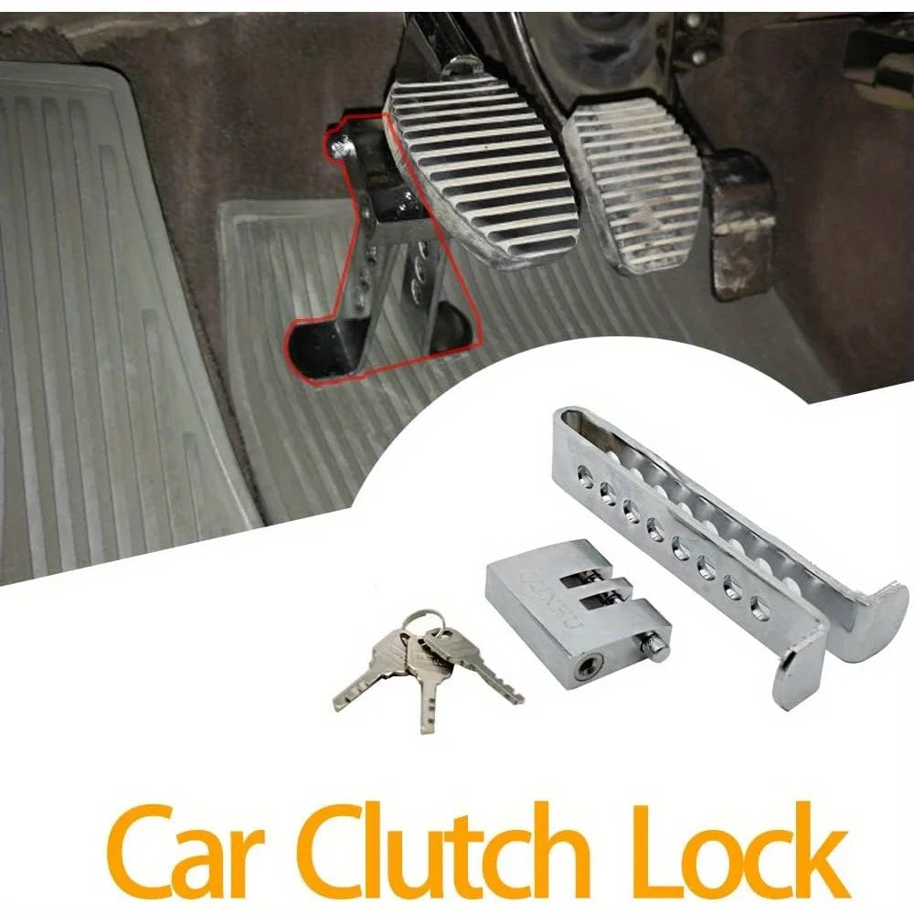Stainless steel brake pedal clutch lock showing the mechanism and key.