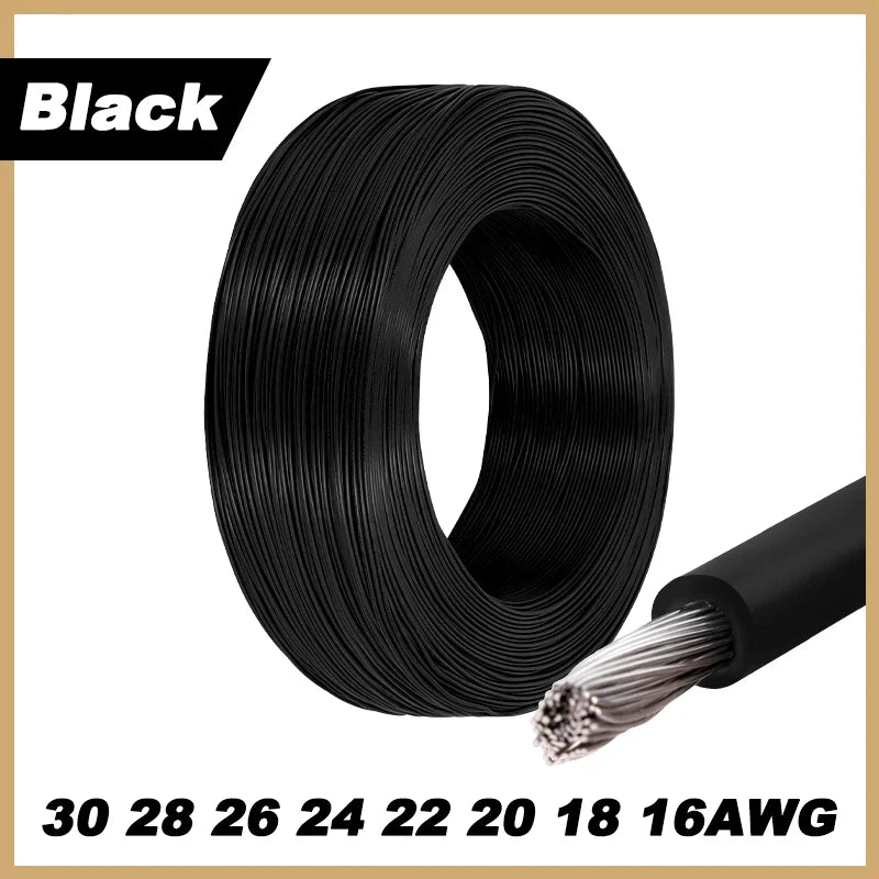 Black insulated multi-stranded copper wire in a spool with a stripped end shown for DIY lighting