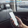 A hand holds a smartphone plugged into a retractable car headrest charging cable for device charging.